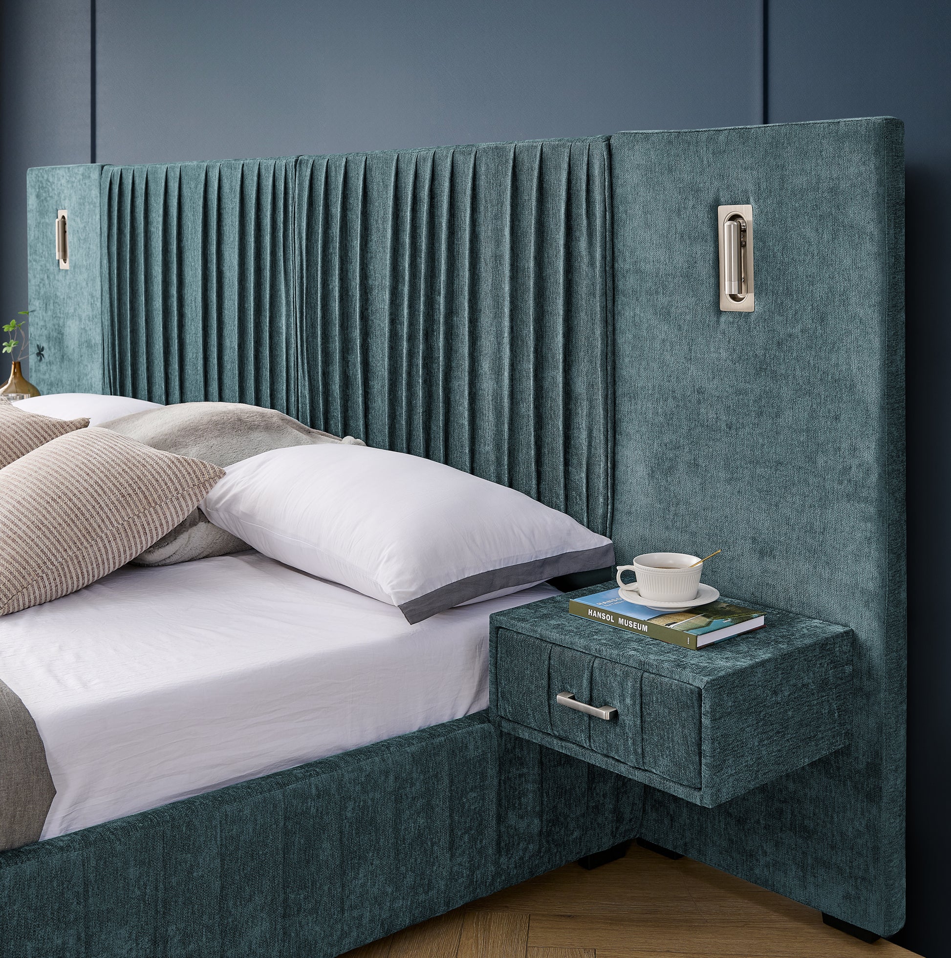 King Size Upholstered Bed Frame with Chenille fabric with pleated design,Grounded King Size Platform Bed with Headboard and Solid Frame and the bedside table.No Box Spring Needed-Blue-Green image 8