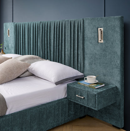 King Size Upholstered Bed Frame with Chenille fabric with pleated design,Grounded King Size Platform Bed with Headboard and Solid Frame and the bedside table.No Box Spring Needed-Blue-Green image 8