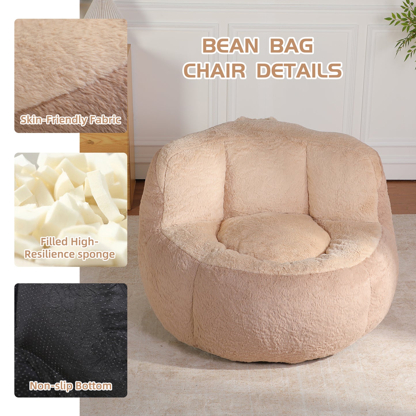 Oversized Bean Bag Chairs,Multicolor Faux Fur Couch Filled with Shredded Sponge,Large Lounger Sofa For Living Room,No Assembly Required,Brown+Camel image 6
