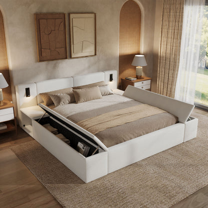 Queen Size Teddy Fleece Upholstered Platform Bed Frame with Massive Hidden Storage, Modern Bouclé Fabric Bed with Built-in Nightstands & LED Reading Lights, Wood Slats, No Box Spring Needed, White image 8