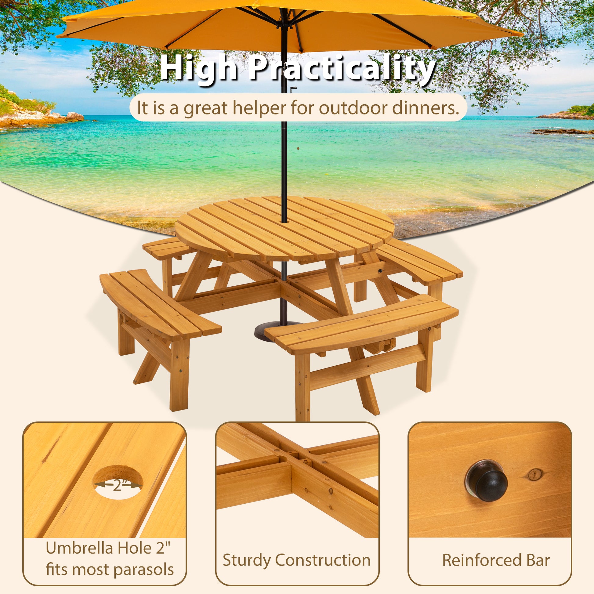 8 Person Wooden Picnic Table, Outdoor Camping Dining Table with Seat, Garden, DIY w/ 4 Built-in Benches, 2220lb Capacity - Natural image 4