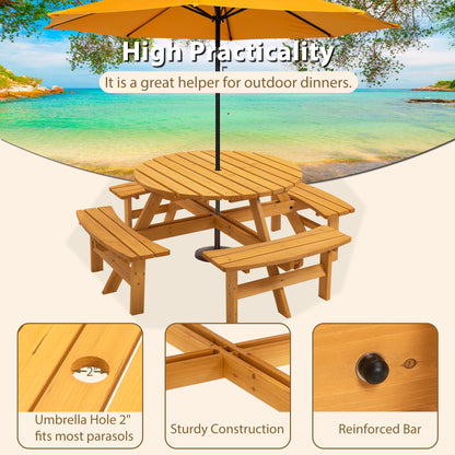 8 Person Wooden Picnic Table, Outdoor Camping Dining Table with Seat, Garden, DIY w/ 4 Built-in Benches, 2220lb Capacity - Natural image 4