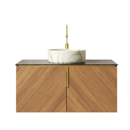 ARAI 36" Bathroom Vanity&Sink, Floating Plywood Bathroom Storage Cabinet with 2 Doors, Black Sintered Stone Countertop&White Round Ceramic Basin with Stone Pattern, Brown Oak Woodgrain Color (New SKU) image 3
