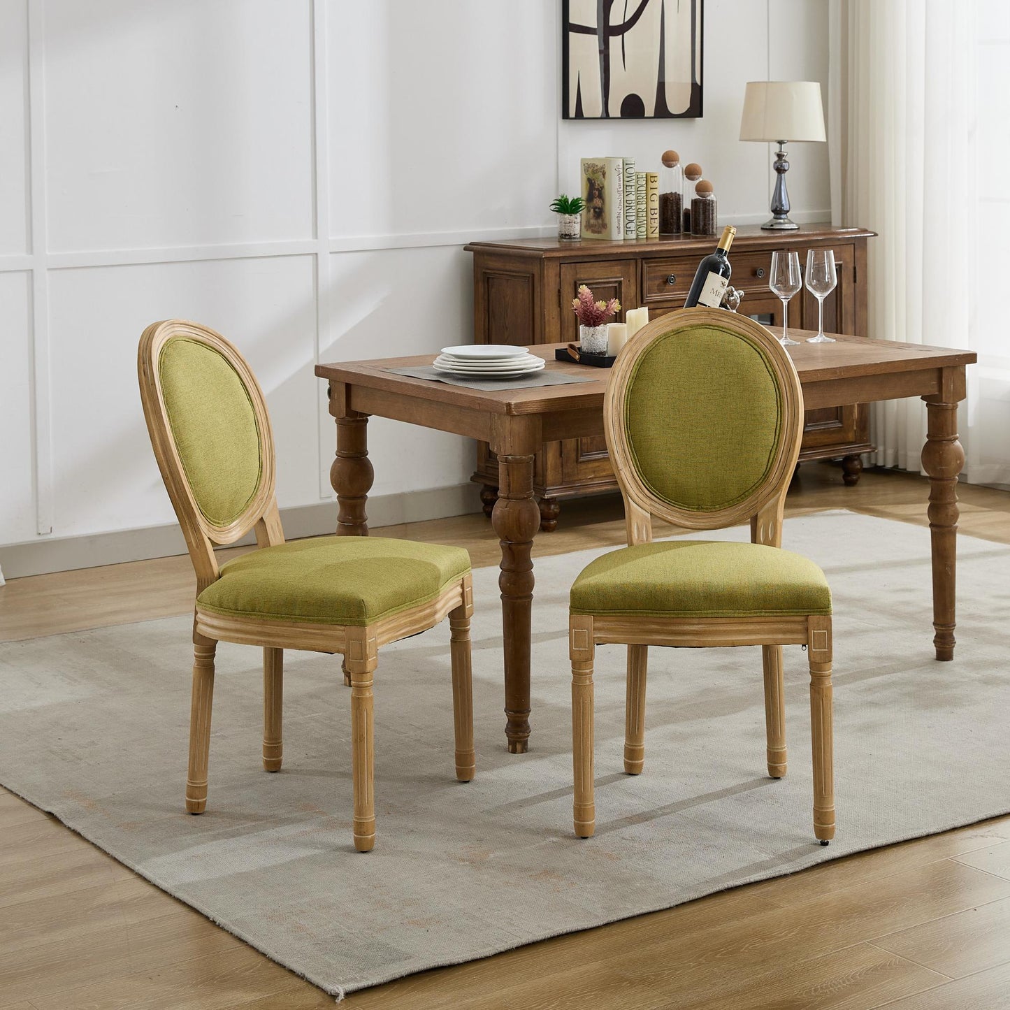 A&A Furniture,French Style Solid Wood Frame Antique Painting Linen Fabric Back Dining Chair,Set of 2,SW1845OL,Olive Green image 1