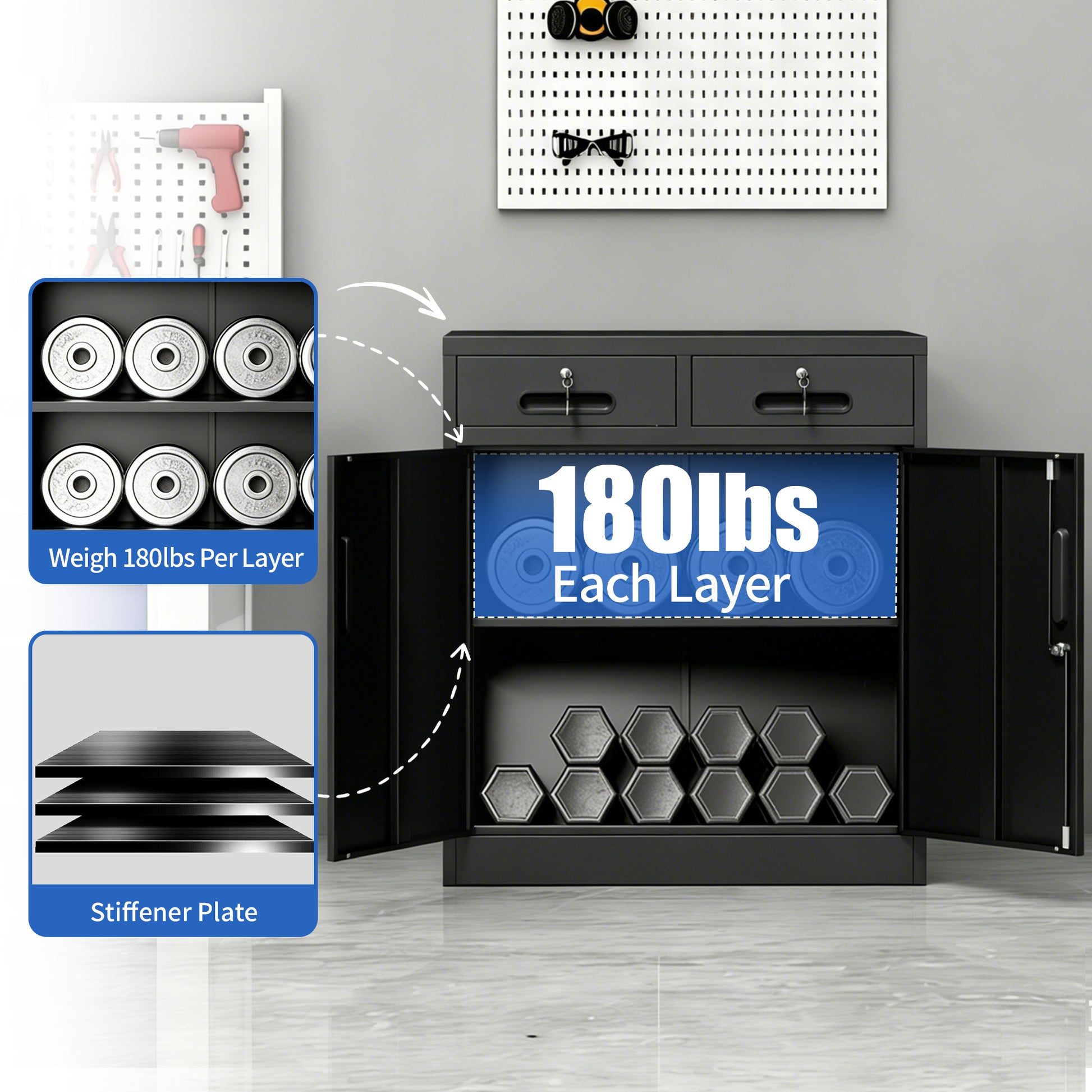 Metal Storage Cabinet with Lock and Two Drawers, 2-Door Office Storage Cabinet with 1 Adjustable Shelves, Heavy Duty Steel File Cabinet for Home, Office, Garage, School (Black, 35.5"H) image 4