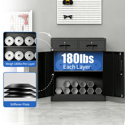 Metal Storage Cabinet with Lock and Two Drawers, 2-Door Office Storage Cabinet with 1 Adjustable Shelves, Heavy Duty Steel File Cabinet for Home, Office, Garage, School (Black, 35.5"H) image 4