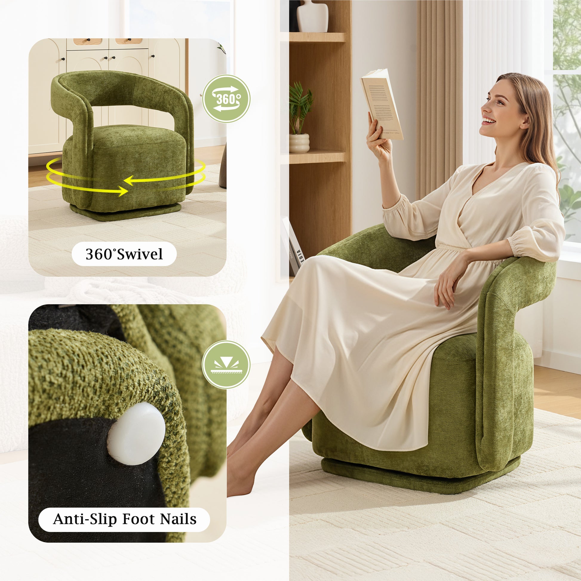 065-Chenille Fabric Swivel Accent Armchair, Comfy Barrel Leisure Chair With Curved Backrest, Upholstered Reading Chair With Black Swivel Base, 22-inch large seat depth and width, Green image 6