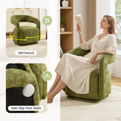 065-Chenille Fabric Swivel Accent Armchair, Comfy Barrel Leisure Chair With Curved Backrest, Upholstered Reading Chair With Black Swivel Base, 22-inch large seat depth and width, Green image 6