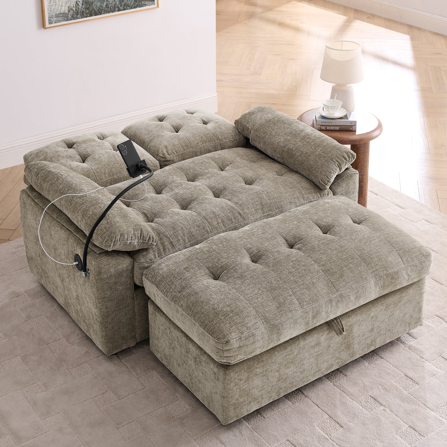 Leisure sofa chair,Double sofa recliner, with manually adjustable backrest, soft padded armrests, side USB charging port and phone stand, comes with a matching storage ottoman-Brown image 2