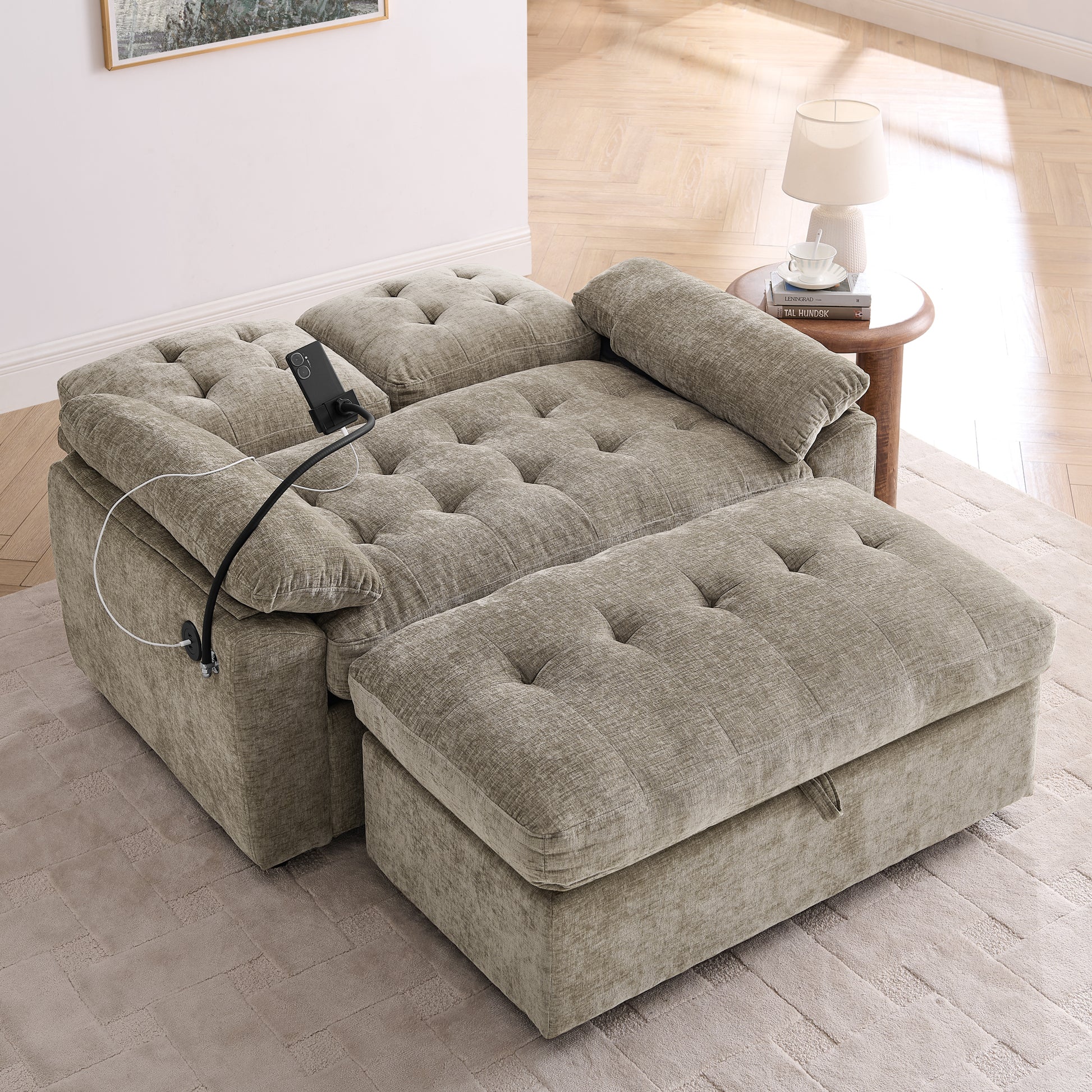 Leisure sofa chair,Double sofa recliner, with manually adjustable backrest, soft padded armrests, side USB charging port and phone stand, comes with a matching storage ottoman-Brown image 2