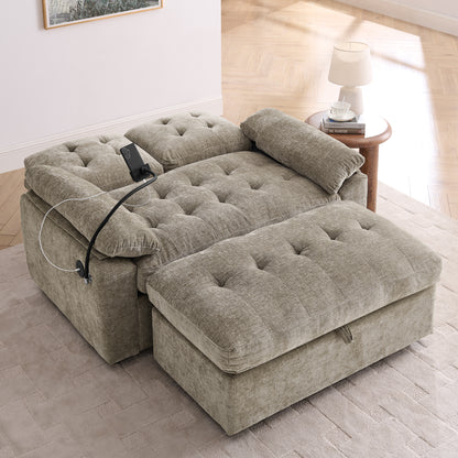 Leisure sofa chair,Double sofa recliner, with manually adjustable backrest, soft padded armrests, side USB charging port and phone stand, comes with a matching storage ottoman-Brown image 2