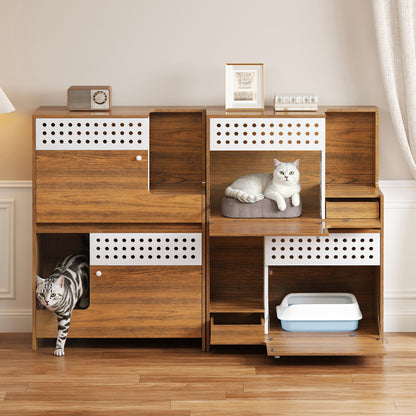2-Piece of Modern 2 IN 1 Cat Furniture Set, Cat Litter Box Enclosure Side Table, Cat House with Storage, for 2 Small-Medium Sized Cats - BROWN image 8