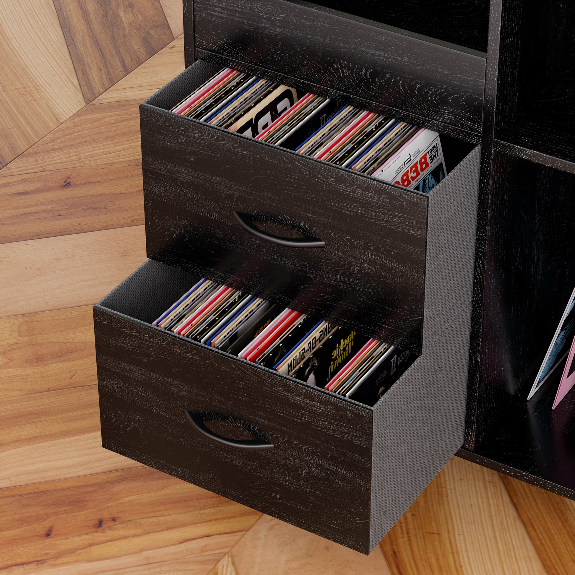 Eco-Friendly Record Player Stand with Flip-Top - Wood Vinyl Storage Cabinet with 2-Outlet Power Strip, Drawers & Dustproof Cubbies, Media Console for Living Room/Study, Black image 10