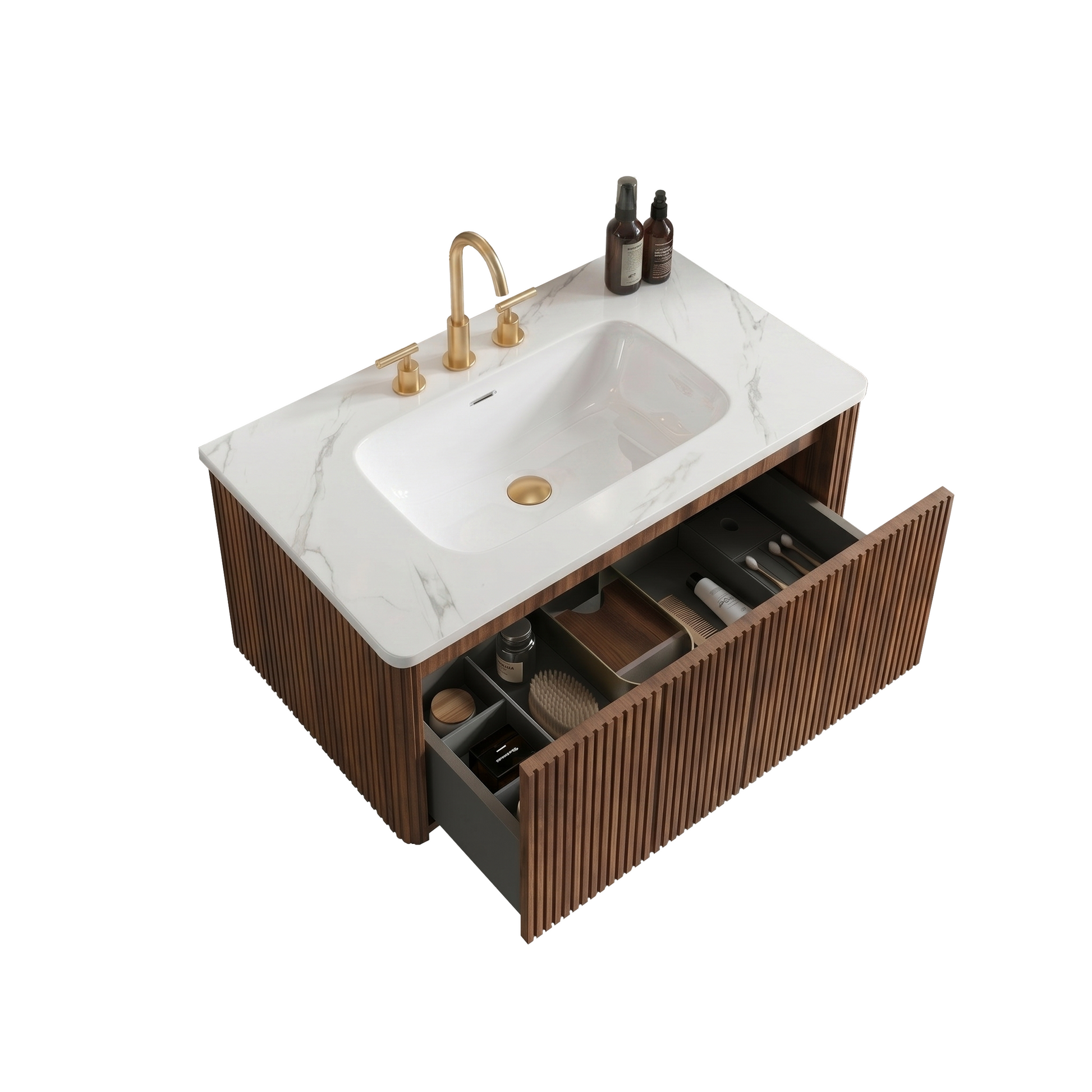 Etna 36" Striped Walnut Bathroom Vanity with Carrara White Ceramic Sink, Wall Mounted Floating Bathroom Vanity for Modern Bathroom, KD image 7