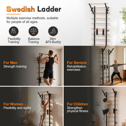 Wall Mount Swedish Ladder Home Gym Training Stall Bar with Adjustable Pull Up Dip Bars & Resistance Straps, Max 286lbs Capacity image 6