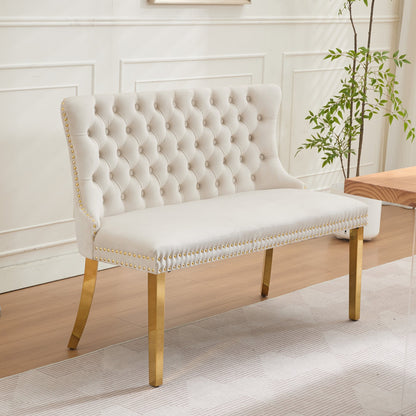 Velvet Double Dining Loveseat Bench, Kitchen & Dining Seating, 2-Seat Tufted Bench w/Handmade Buttons, Wing Back, Gold-Plated Steel Legs, Mid Century Modern,Single Pack,Beige,SW1602BG image 1