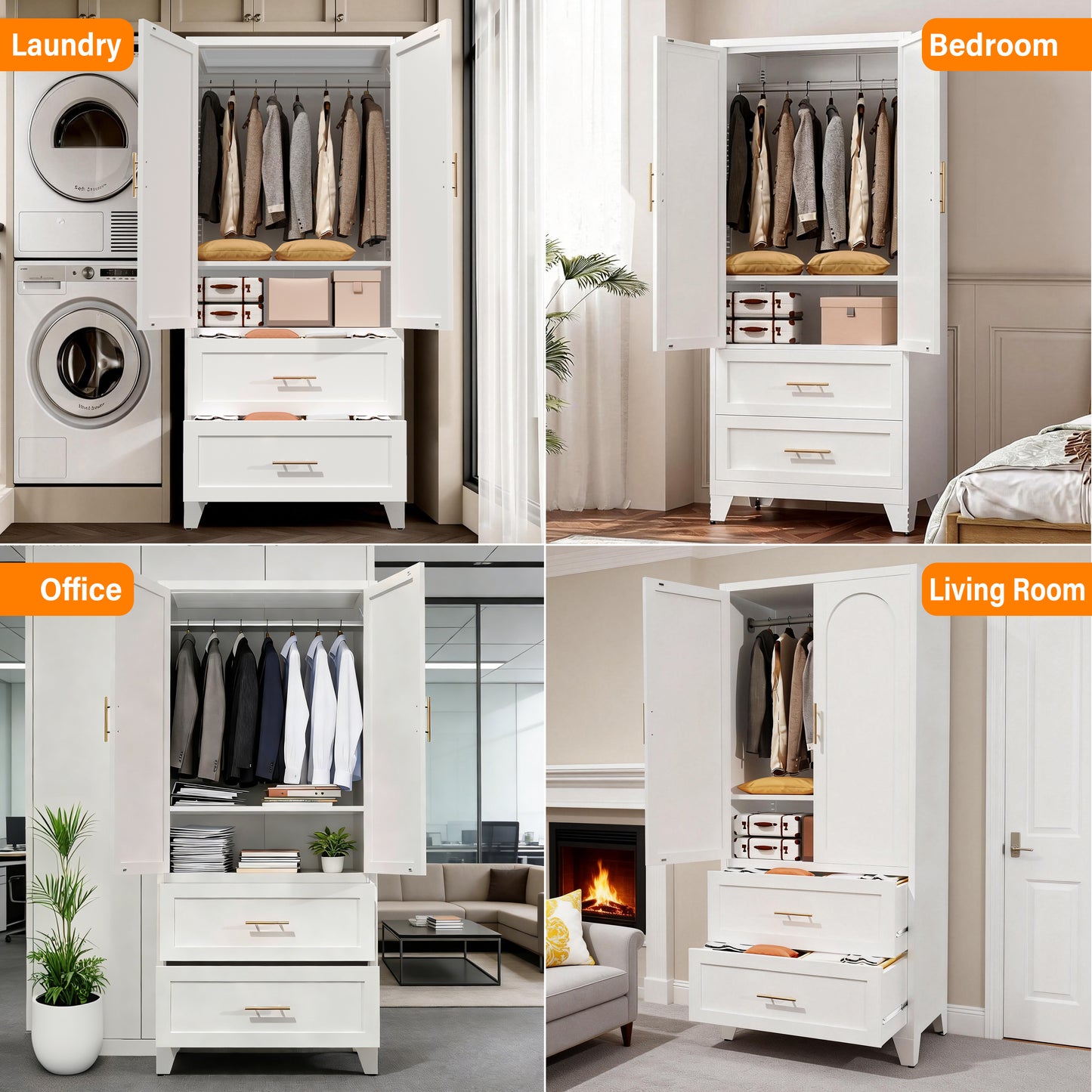 71" Tall Metal Wardrobe Cabinet with 2 Drawers and Hanging Rod, 2 Doors Wardrobe Closet with Shelf for Bedroom, Office, Laundry Room,Entryway,Foyer,Guesthouse (White) image 5