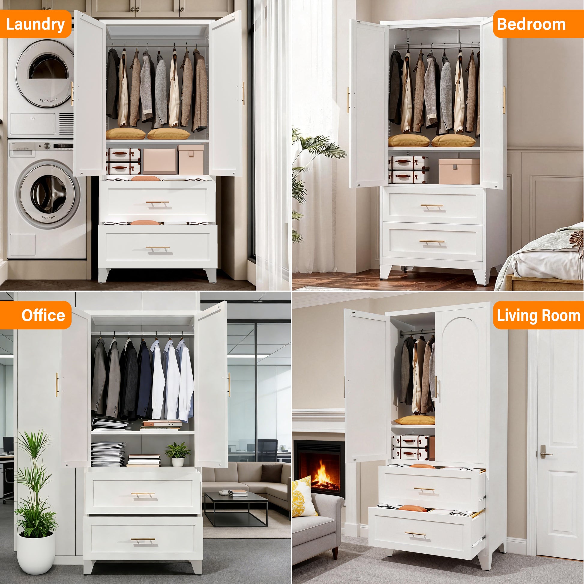 71" Tall Metal Wardrobe Cabinet with 2 Drawers and Hanging Rod, 2 Doors Wardrobe Closet with Shelf for Bedroom, Office, Laundry Room,Entryway,Foyer,Guesthouse (White) image 5
