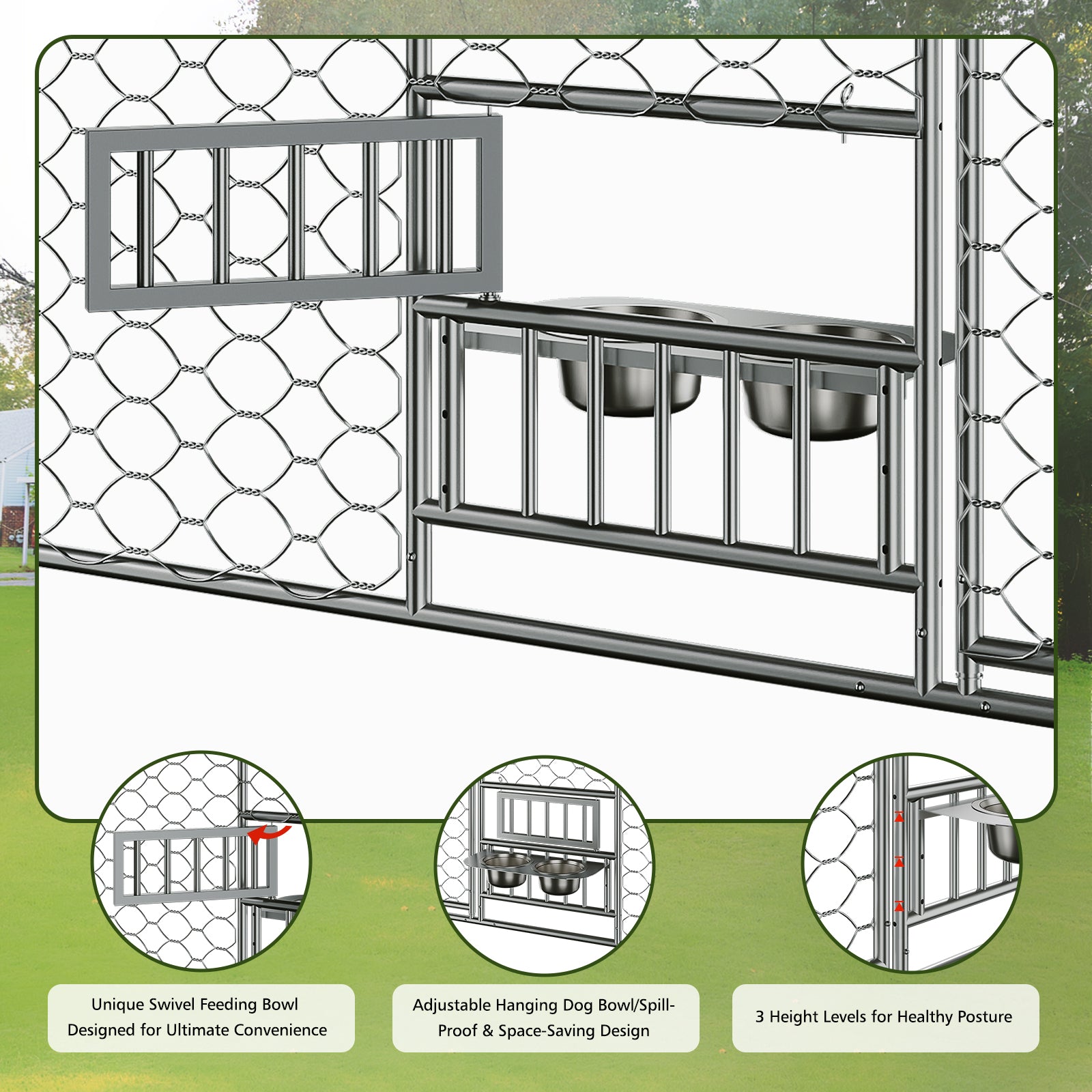 15x10 FT Large Outdoor Dog Kennel with Canopy, Heavy Duty Galvanized Steel Frame, Waterproof Cover, Built-in Elevated Feeding Bowls, Escape-Proof Lockable Pet Playpen for Large Dogs & Multiple Animal image 7