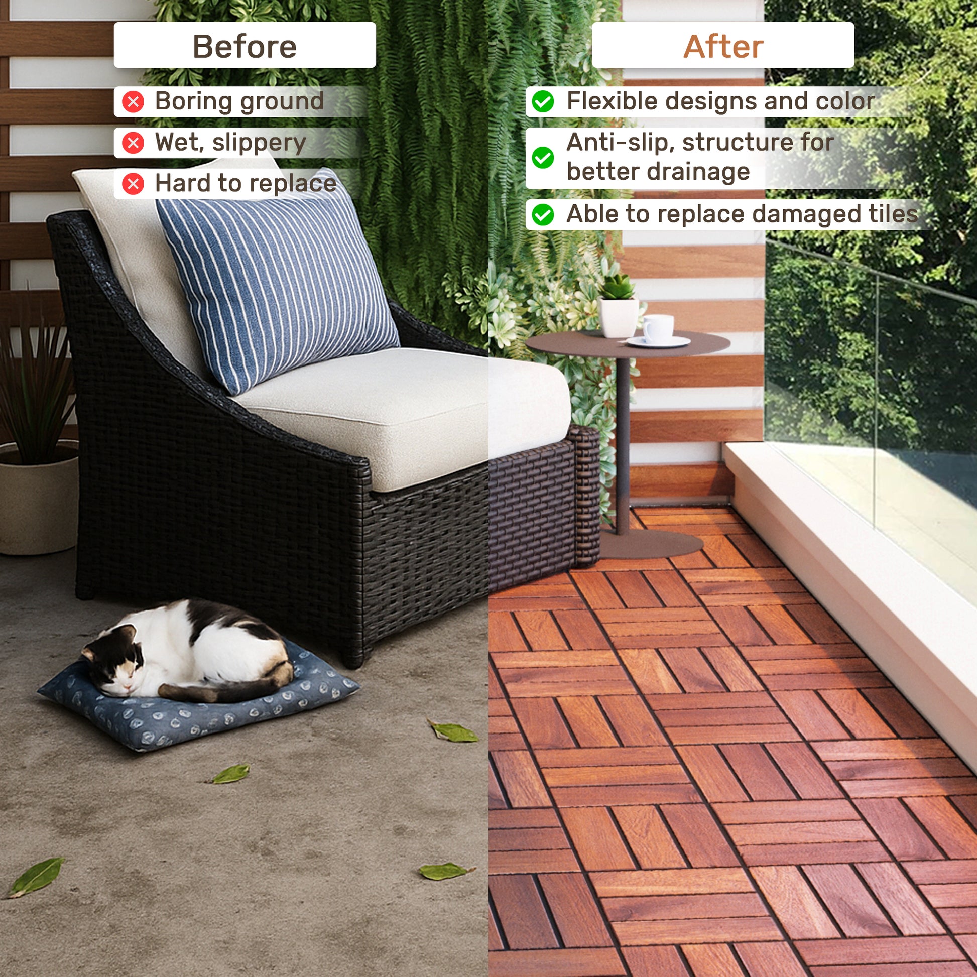 Acacia Wood Interlocking Deck Tiles Checker Pattern, 20 PCS 12" x 12" Square Acacia Hardwood Outdoor Flooring for Patio, Bancony, Pool Side,.. image 10