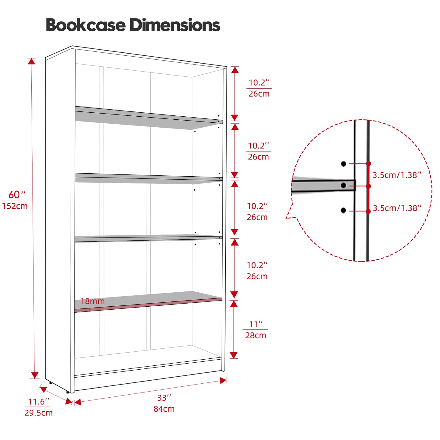5 Shelf Bookcase 60 inch Tall Wood Bookshelf for Bedroom image 8