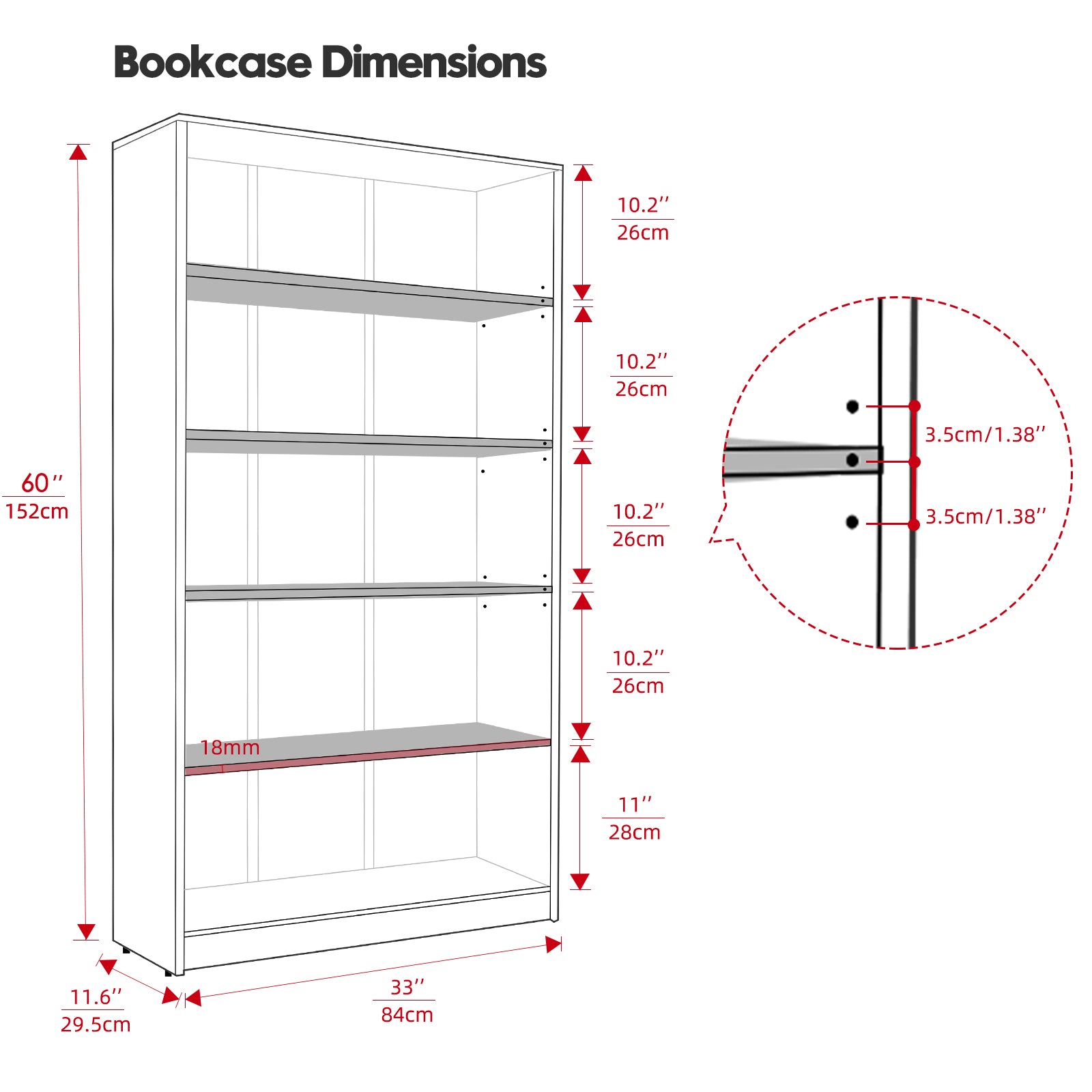 5 Shelf Bookcase 60 inch Tall Wood Bookshelf for Bedroom image 8