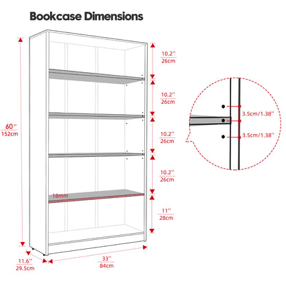 5 Shelf Bookcase 60 inch Tall Wood Bookshelf for Bedroom image 8