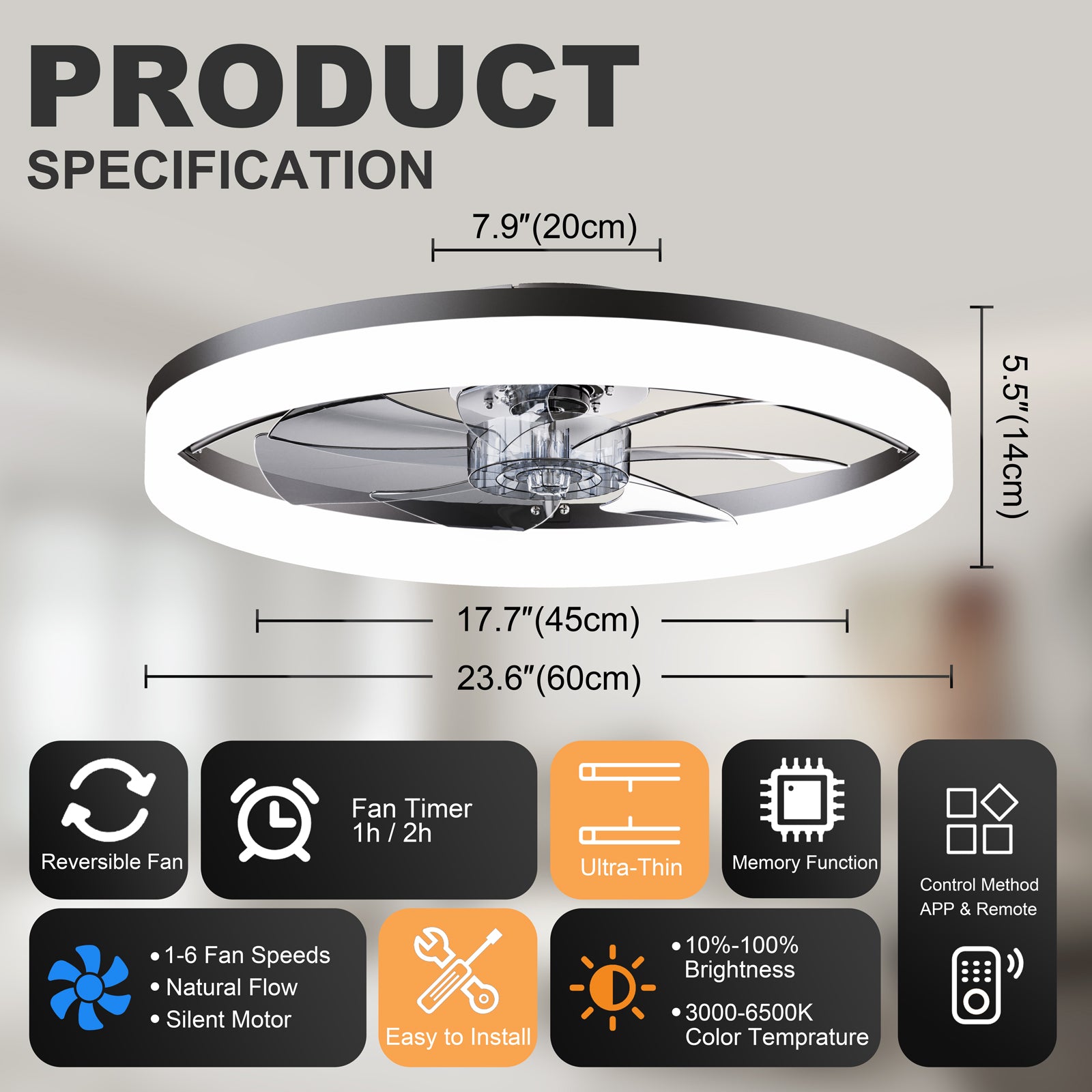 Ultra-Thin BLACK Ceiling Fan Light with Remote & App Control – 23.6'' Modern Flush Mount Fan Lamp, 6 Fan Speeds, Dimmable Brightness, 3000K-6500K Color Temperature for bedroom living room image 7