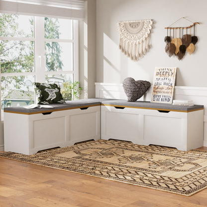 3-Piece L-Shaped Multi-Functional Storage Bench with Cushion, serving as a kitchen corner bench, toy storage box, or reading nook seat., White and Natural, 63"D x 63"W x 19.1"H image 4