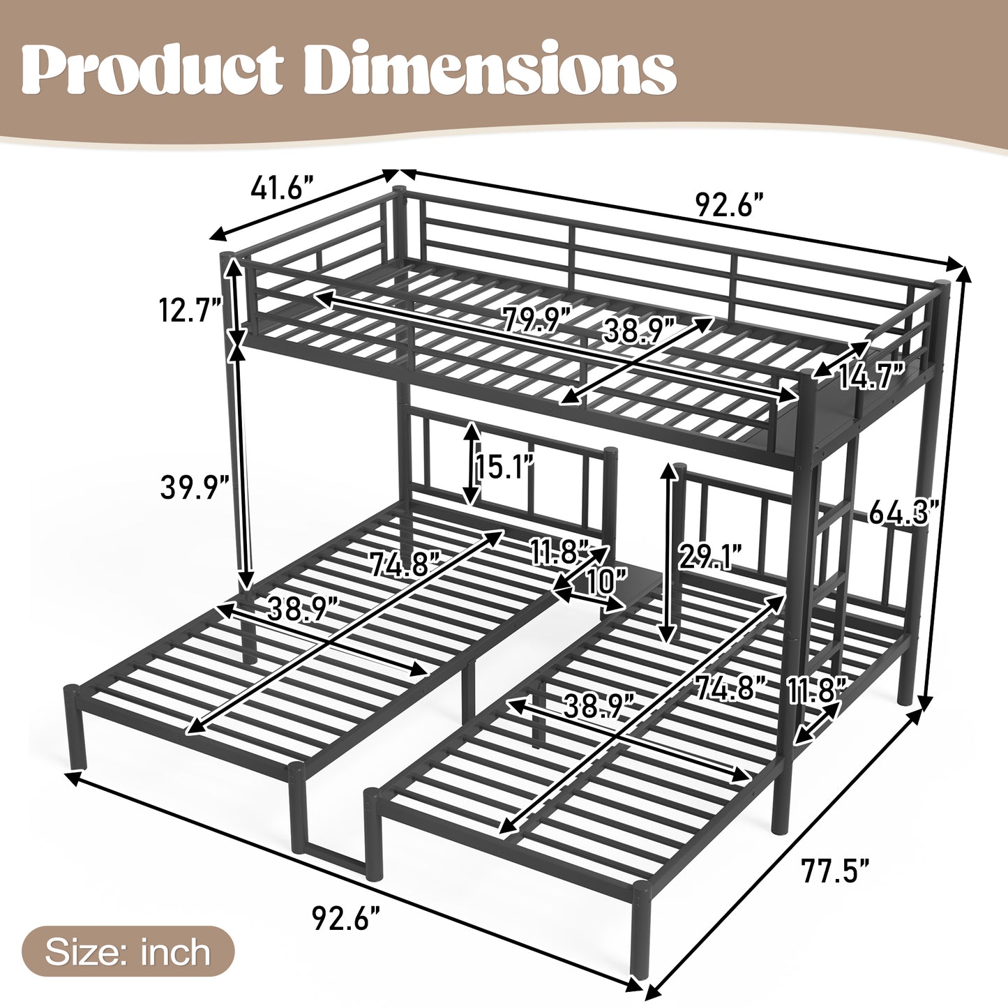 Twin over Twin & Twin Bunk Beds for 3, Twin XL over Twin & Twin Bunk Bed Metal Triple Bunk Bed, Black image 9