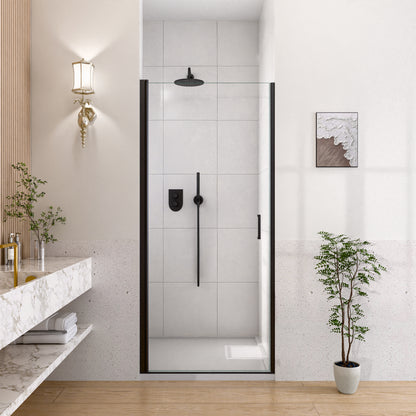 24" W x 72" H Semi-Frameless Circular Pivot Shower Door in Matte Black With 1/4" (6mm) Thick SGCC Tempered Glass image 1