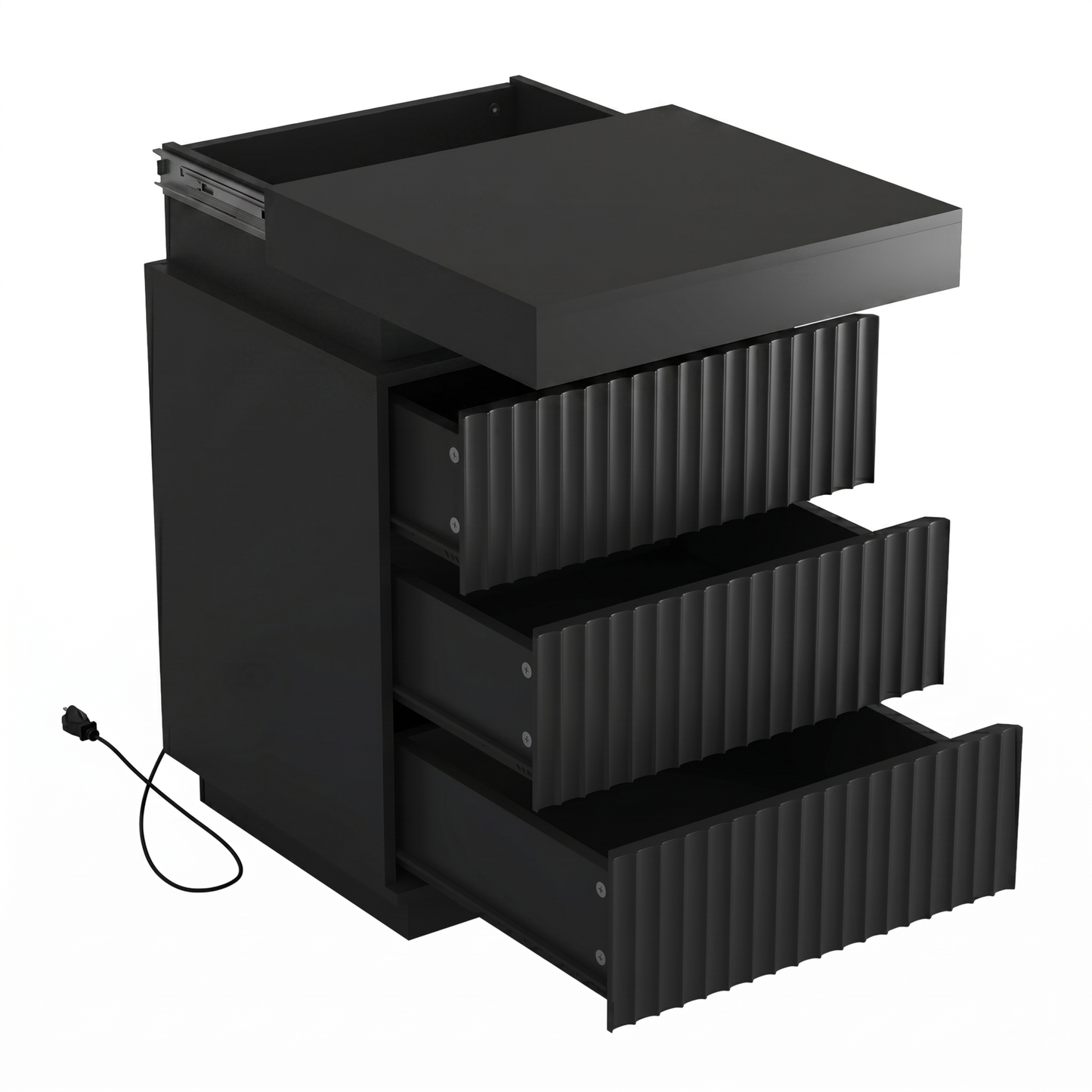 (Set of 2) Black Nightstand Set of 2 with Charging Station & LED Lights, Fluted Wave Panel Bedside Table with Sliding Top Hidden Storage, Night Stand for Bedroom Living Room image 8
