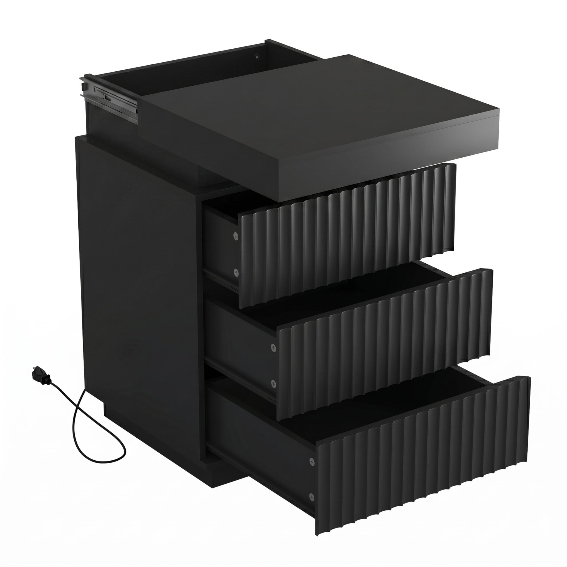 (Set of 2) Black Nightstand Set of 2 with Charging Station & LED Lights, Fluted Wave Panel Bedside Table with Sliding Top Hidden Storage, Night Stand for Bedroom Living Room image 8