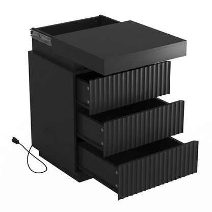 (Set of 2) Black Nightstand Set of 2 with Charging Station & LED Lights, Fluted Wave Panel Bedside Table with Sliding Top Hidden Storage, Night Stand for Bedroom Living Room image 8