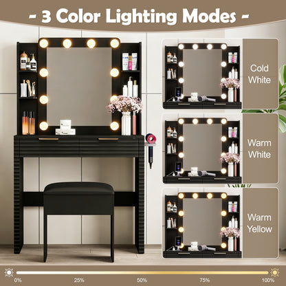Makeup Vanity Desk with 10 Hollywood Bulbs, Fluted Dressing Table with Charging Station, 2 Drawers and 4 Open Shelves, Hairdryer Holder, Padded Stool with Storage, Black image 5