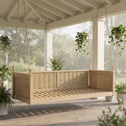 TOPMAX Outdoor Classic Solid Wood Twin Size Swing Bed,Garden Porch Rattan Swing Frame with Long Ropes for Poolside, Backyard, LIGHT TEAK image 1