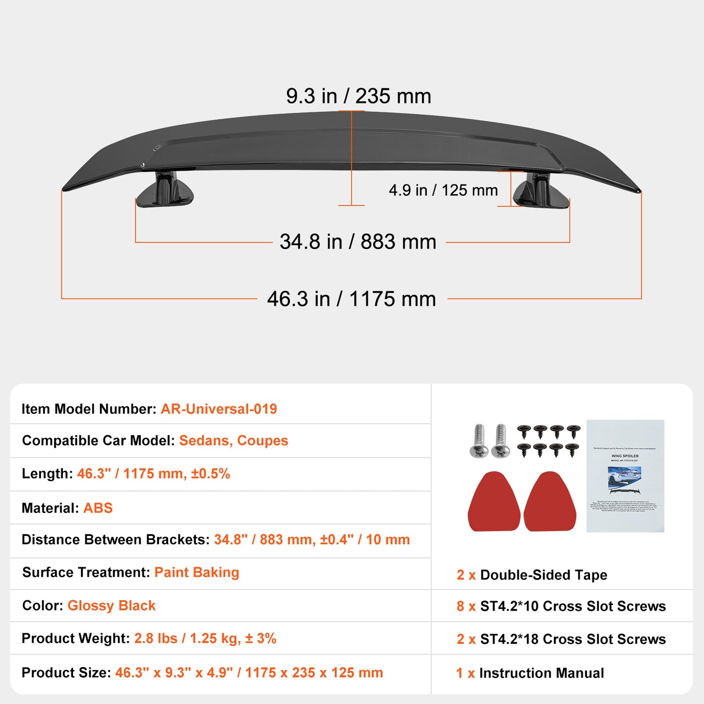 GT Wing Car Spoiler, 46.3 inch Universal Spoiler, Compatible with most Sedans and Coupes, High Strength ABS Material, Car Rear Spoiler Wing, Racing Spoiler BGW/JDM Drift Glossy Black image 12