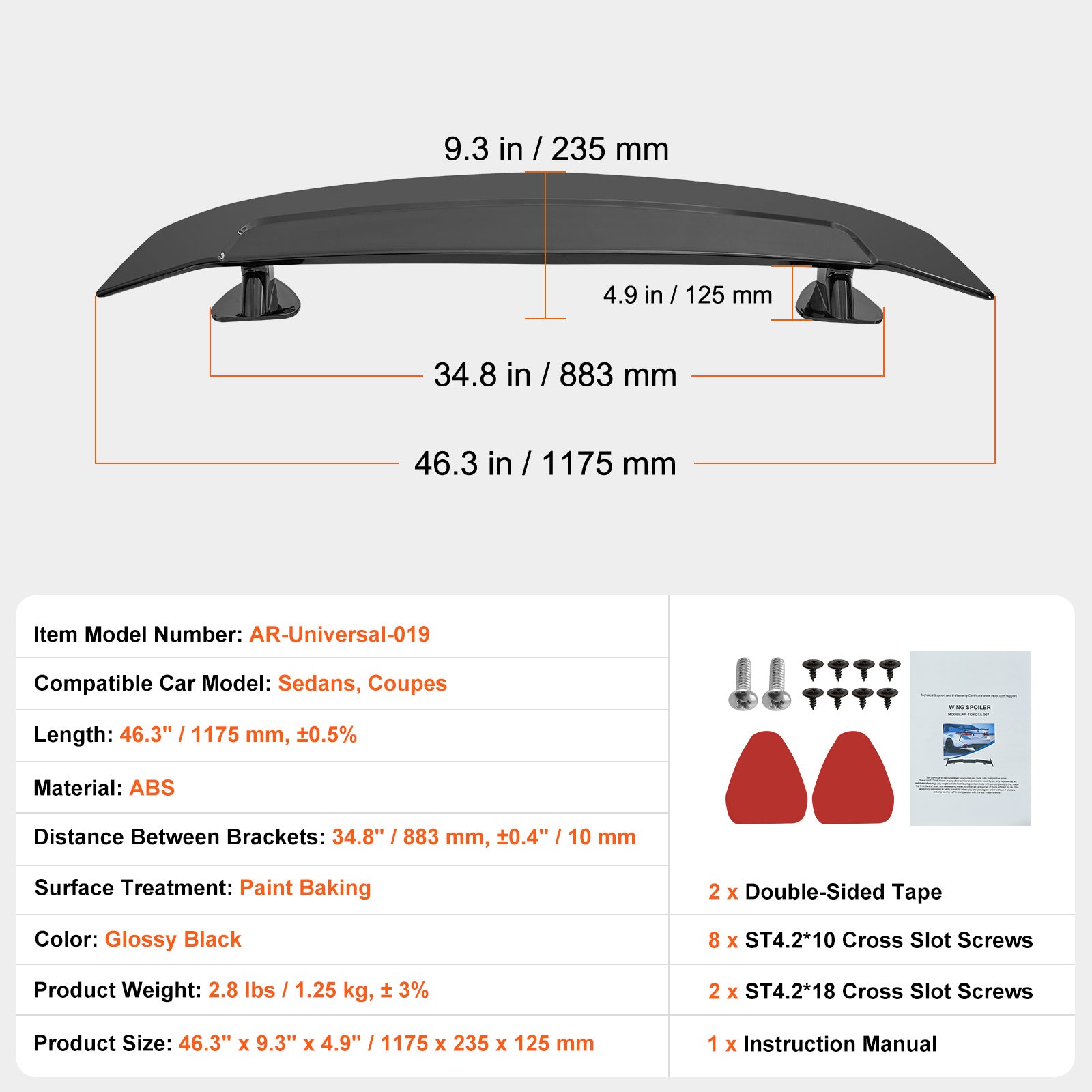 GT Wing Car Spoiler, 46.3 inch Universal Spoiler, Compatible with most Sedans and Coupes, High Strength ABS Material, Car Rear Spoiler Wing, Racing Spoiler BGW/JDM Drift Glossy Black image 12