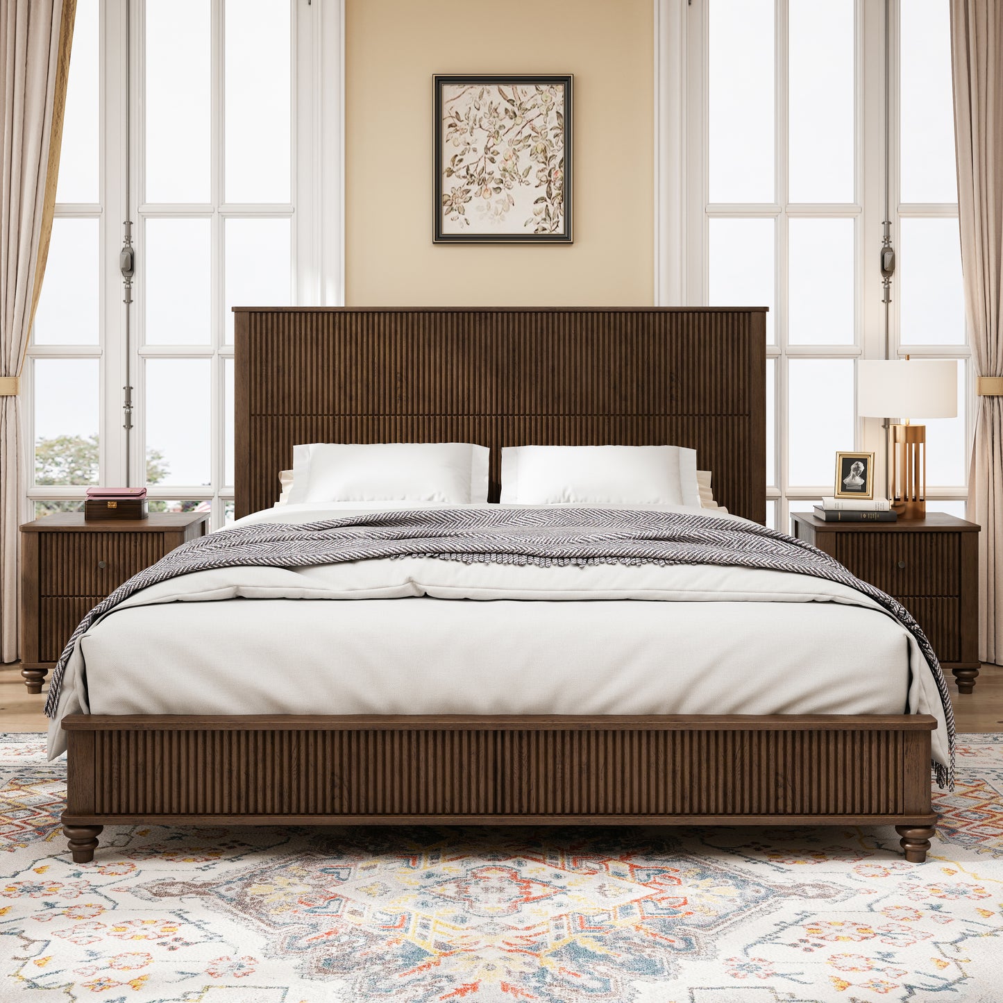 Solid Wood Bed Frame,King Platform Bed Frame with Headboard,Tall Headboard Natural Wood Bed,No Box Spring Needed,Walnut image 1