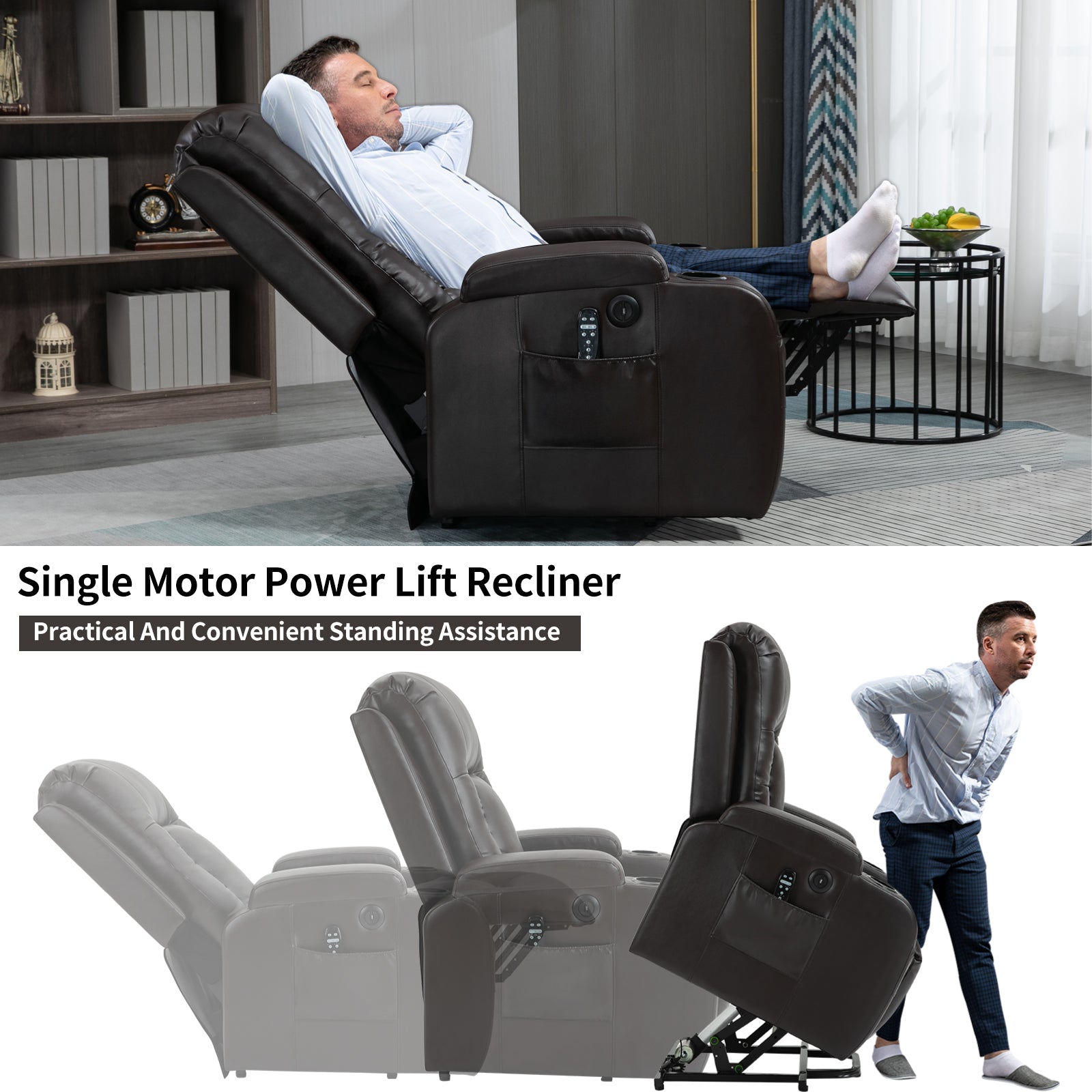 Infinite Position Up to 350 LBS Power Lift Recliner Chair for Elderly, Heavy Duty Motion Mechanism with 8-Point Vibration Massage and Lumbar Heating, USB Charging Port, Cup Holders, Brown image 4