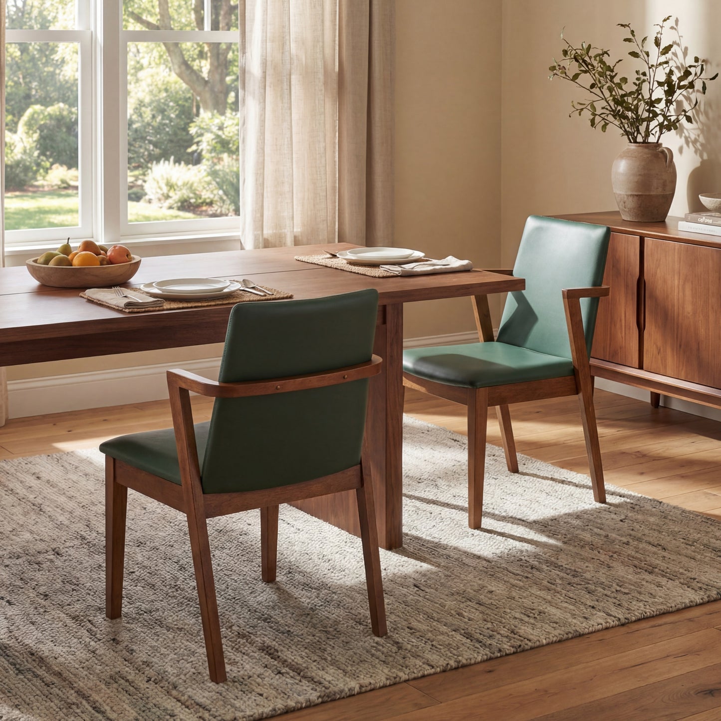 Mid-Century Modern Dining Chairs Set of 2 - Green PU Upholstered Armchairs with Walnut Color Rubber Wood Frame, 250lbs Capacity for Kitchen & Dining Room image 2