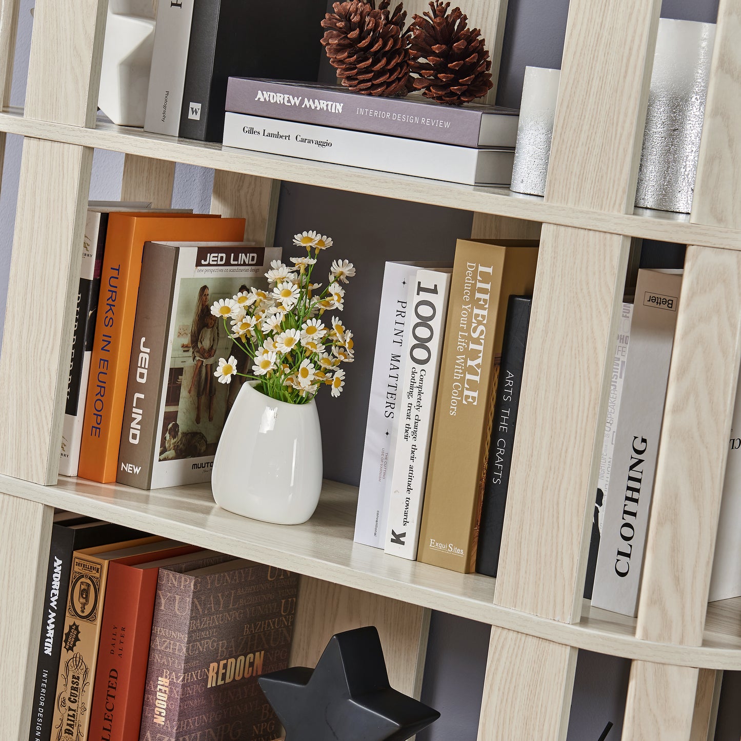 Wooden Oval Open Bookshelf, MDF Grid Frame Freestanding Bookcase, 5-Tier Easy Assembly Storage Display Rack for Living Room Home Office Decor, DIY Free Combination Storage Cabinet Study Room image 10