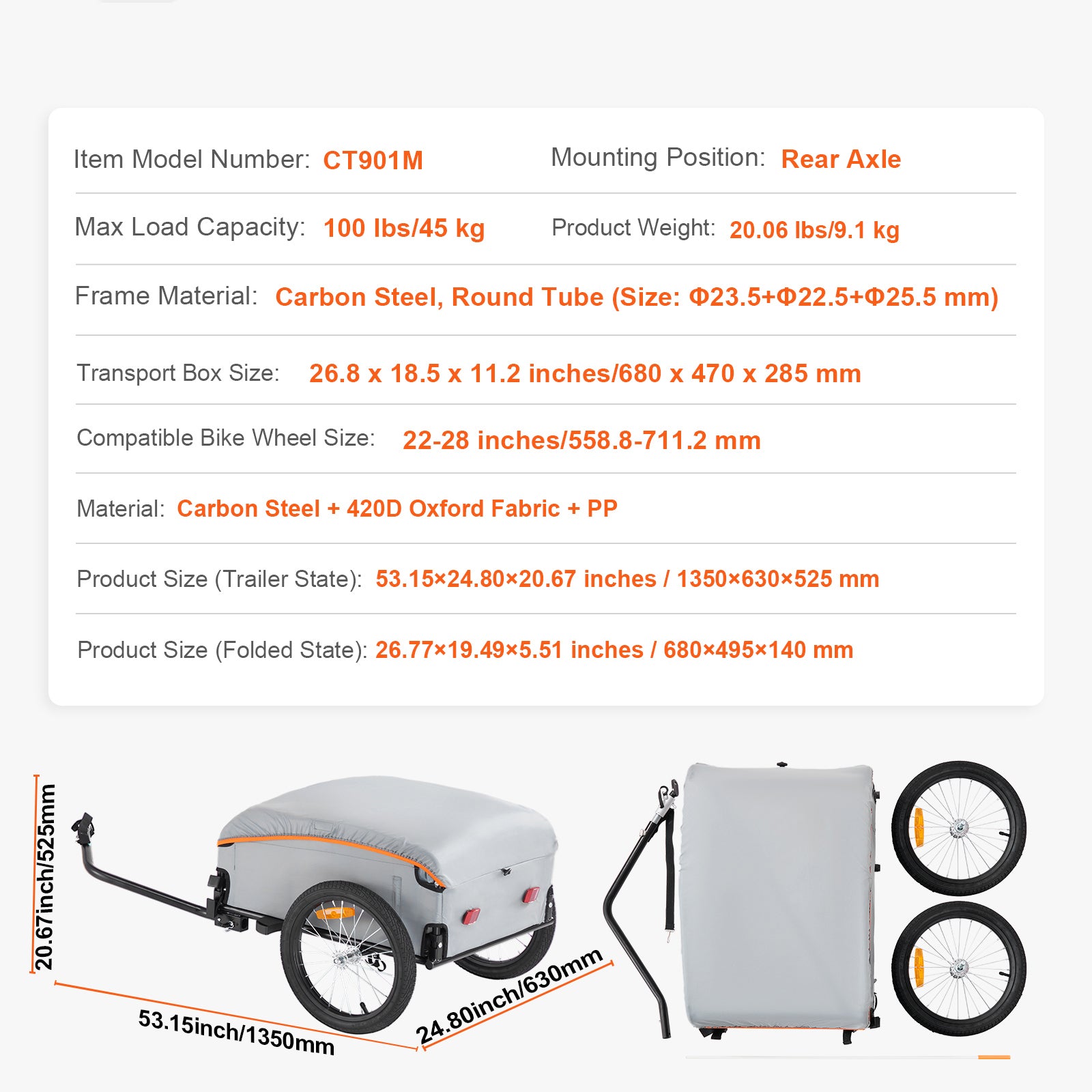 Bike Cargo Trailer, 100 lbs Load Capacity, Heavy-Duty Bicycle Wagon Cart, Foldable Compact Storage with Universal Hitch, Waterproof Cover, 16" Wheels, Safe Reflectors, Fits 22"-28" Bike Wheels image 6