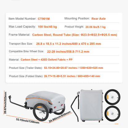 Bike Cargo Trailer, 100 lbs Load Capacity, Heavy-Duty Bicycle Wagon Cart, Foldable Compact Storage with Universal Hitch, Waterproof Cover, 16" Wheels, Safe Reflectors, Fits 22"-28" Bike Wheels image 6
