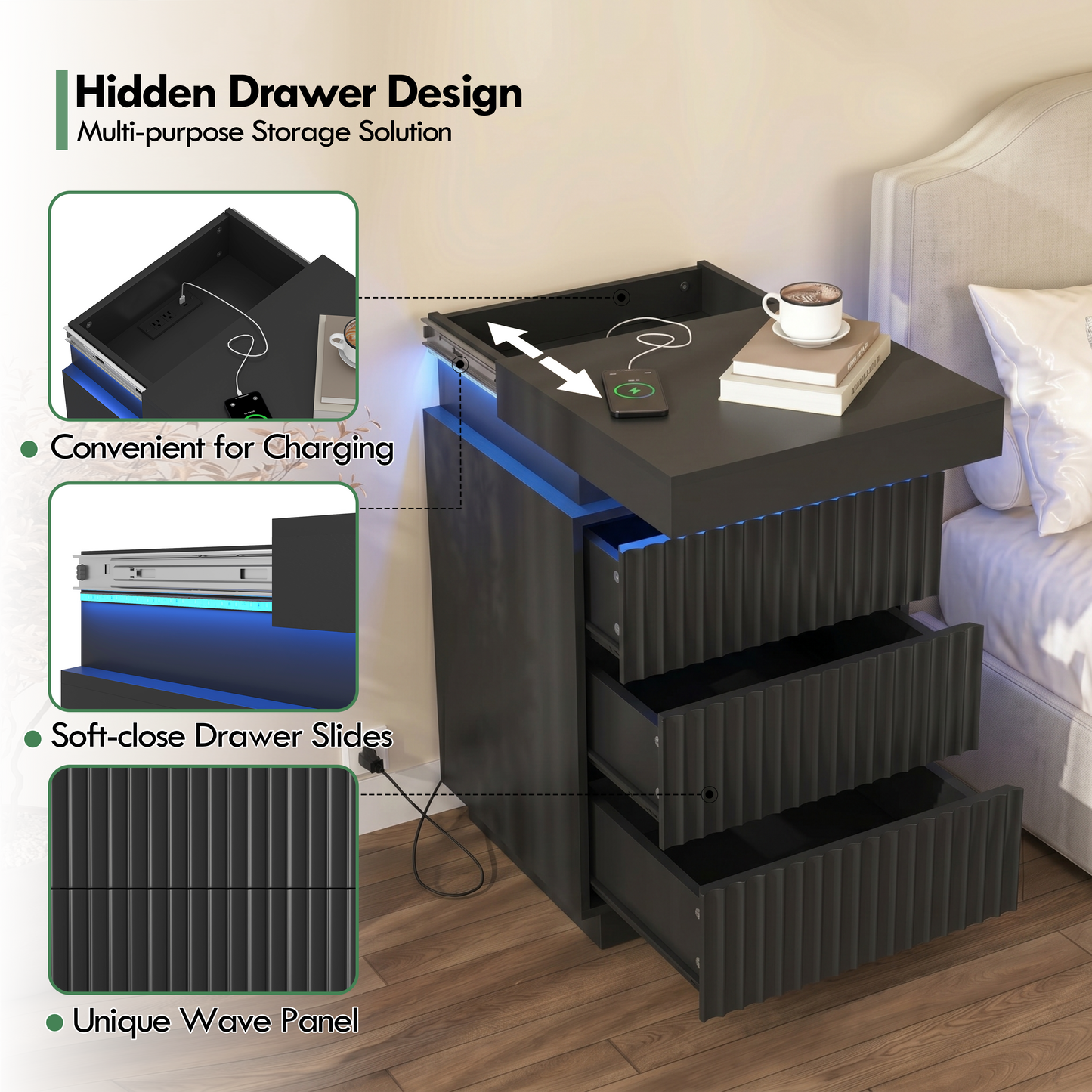(Set of 2) Black Nightstand Set of 2 with Charging Station & LED Lights, Fluted Wave Panel Bedside Table with Sliding Top Hidden Storage, Night Stand for Bedroom Living Room image 4