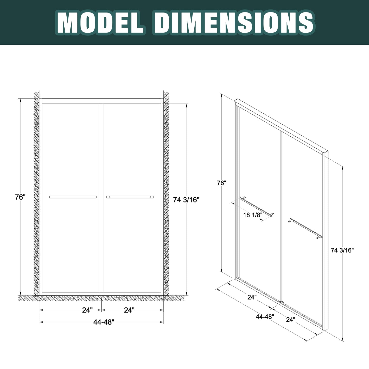 44-48"x76" Aluminum Frame Double Sliding Shower Door,Bypass Bathroom Sliding Door with Premium 1/4" (6mm) Clear Tempered Glass, Black Hardware Sliding Glass Shower Enclosure,Matte Black Finished image 10