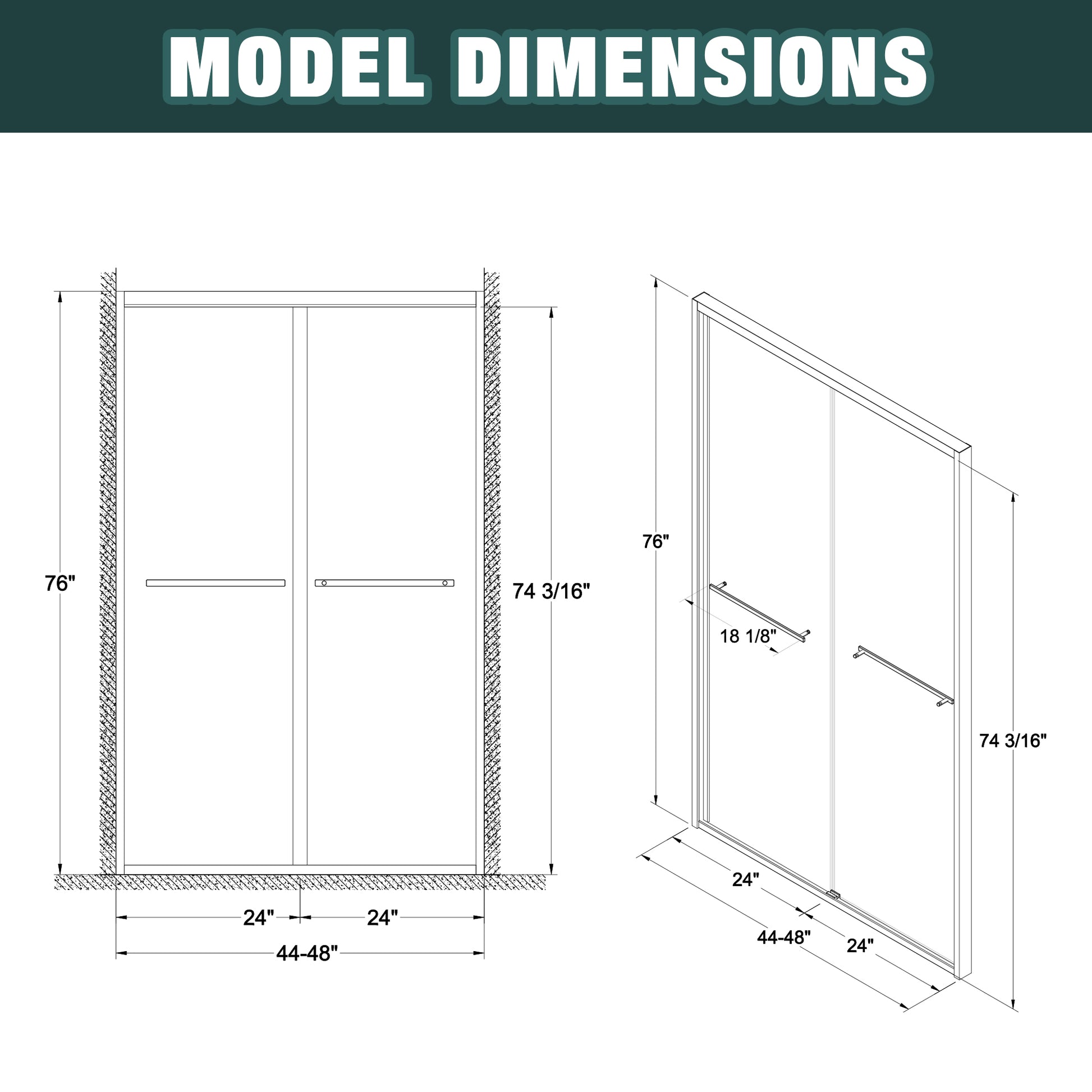 44-48"x76" Aluminum Frame Double Sliding Shower Door,Bypass Bathroom Sliding Door with Premium 1/4" (6mm) Clear Tempered Glass, Black Hardware Sliding Glass Shower Enclosure,Matte Black Finished image 10