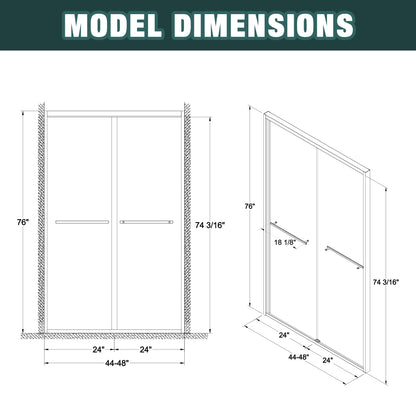 44-48"x76" Aluminum Frame Double Sliding Shower Door,Bypass Bathroom Sliding Door with Premium 1/4" (6mm) Clear Tempered Glass, Black Hardware Sliding Glass Shower Enclosure,Matte Black Finished image 10