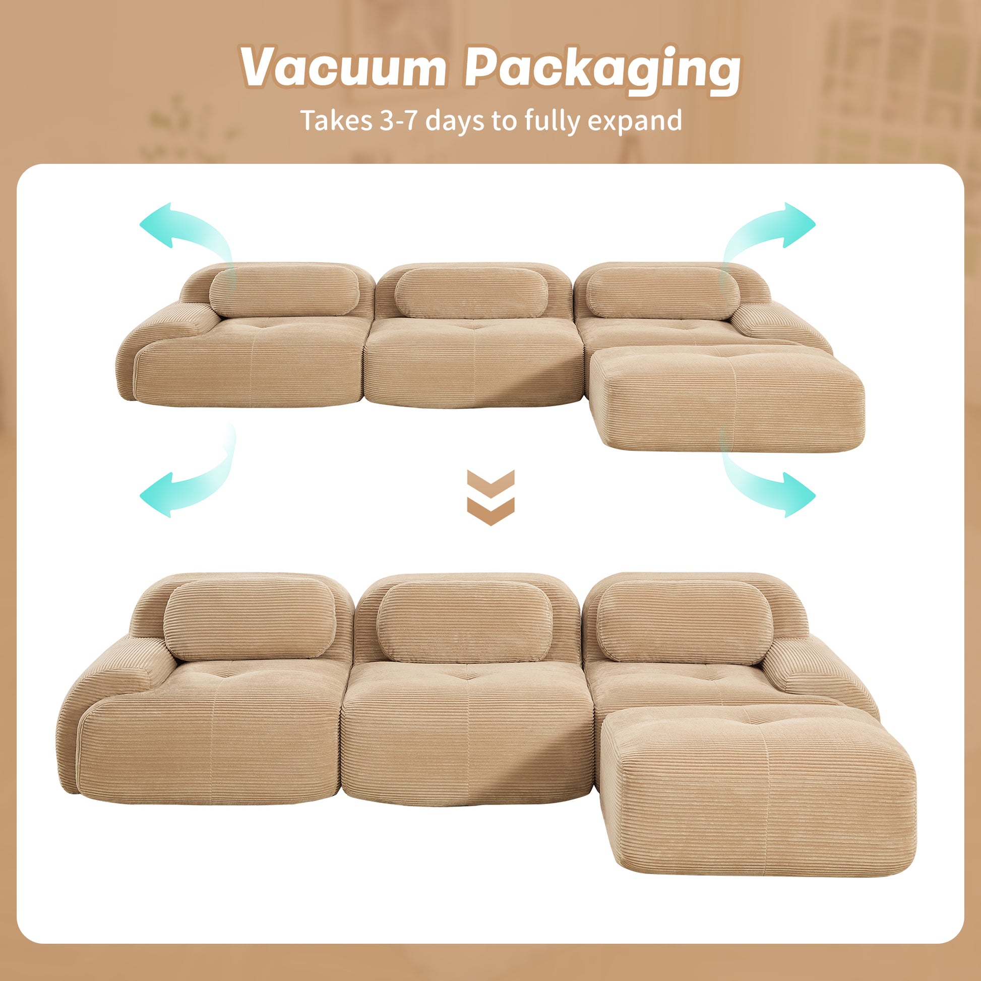 L-shaped modular sofa no assembly ergonomic design pet-friendly luxuryCorduroy Fabric fabric extra-wide curved armrests 32D high-resilience sponge for living rooms bedroom,Camel image 12