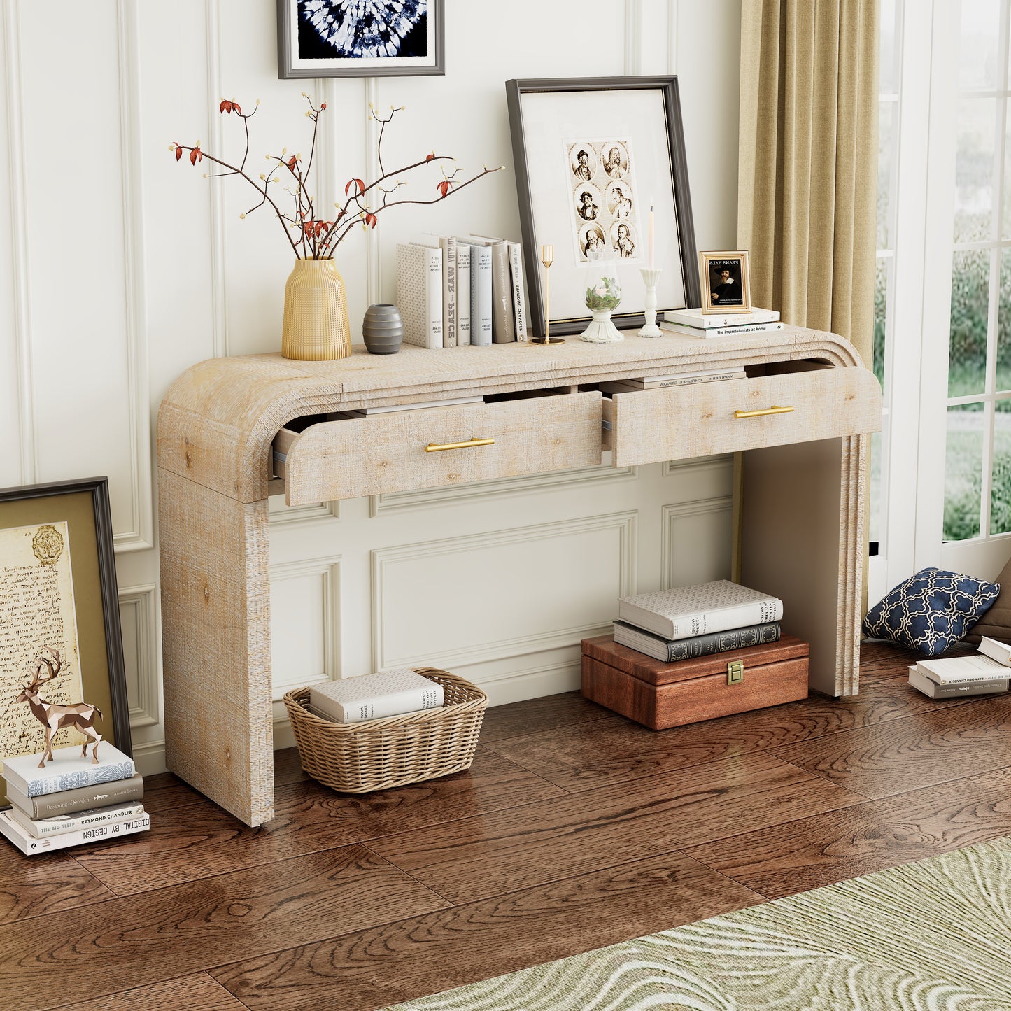 TREXM Unique Retro Silhouette Console Table with Open Style, Two Top Drawers for Entrance, Dinning Room, Living Room (Natural Wood Wash) image 7